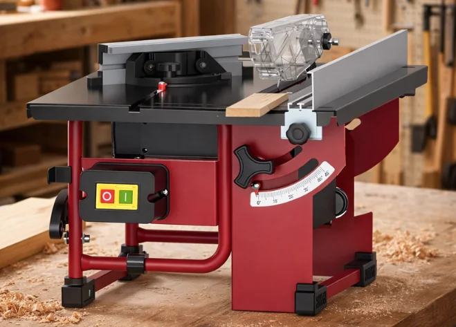 Red and black compact table saw